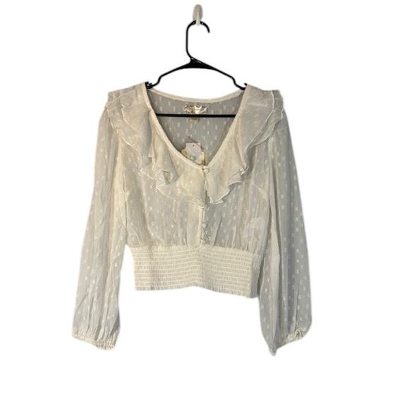 BOG Collective Women’s Cream Long Sleeve Ruffled Polka Dot Sheer Blouse Size S